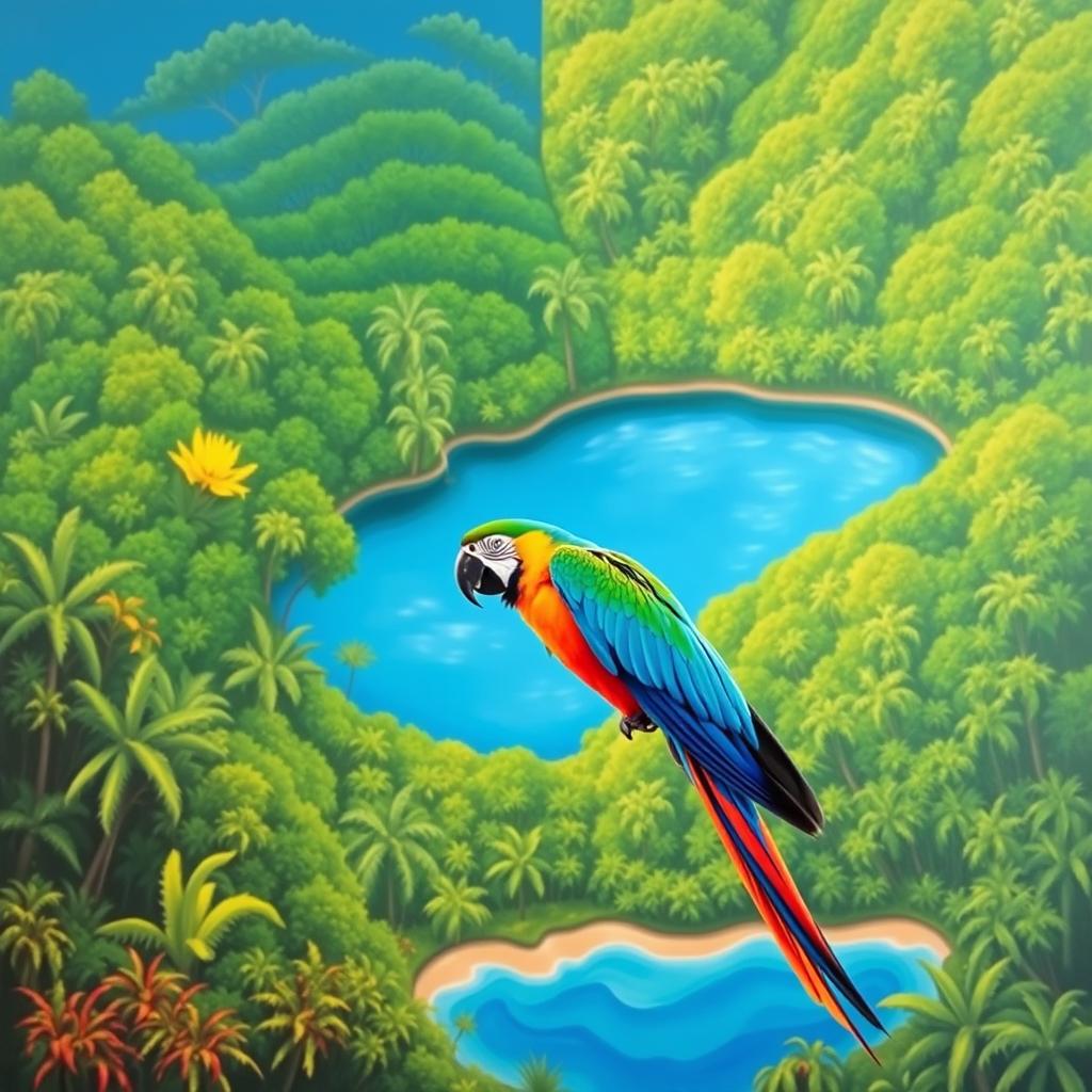 A surrealist painting featuring the background of the Nicaraguan flag, with the blue section matching the blue stripe of the flag