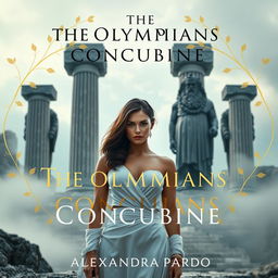 A grand view of Olympus rises majestically in the background, featuring towering marble columns shrouded in mist and soft, ethereal light