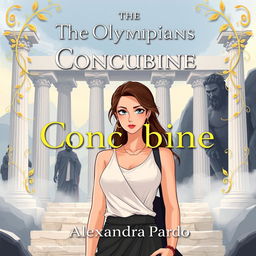 An illustrated grand view of Olympus rises in the background, showcasing towering marble columns shrouded in mist and soft light