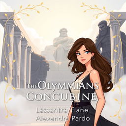An illustrated grand view of Olympus rises in the background, showcasing towering marble columns shrouded in mist and soft light