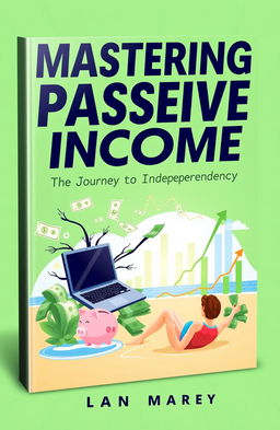 A visually striking book cover design featuring the title 'Mastering Passive Income: The Journey to Independency' prominently displayed at the top in bold, modern font