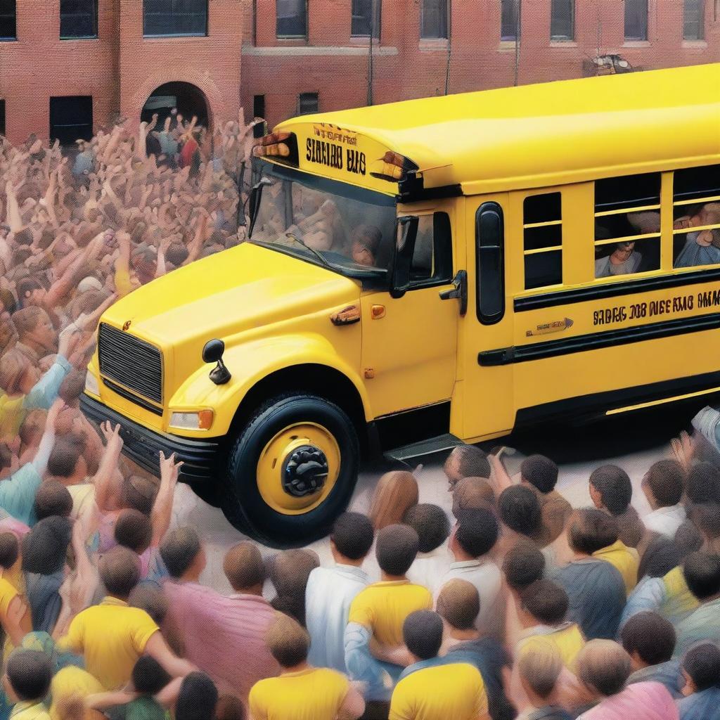 In hyper-realistic detail, a superhuman figure lifts a hefty yellow school bus single-handedly, their muscles straining against the bus's weight, surrounded by a flabbergasted crowd