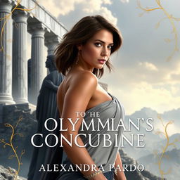 A grand view of Olympus rises majestically in the background, featuring towering marble columns that are partially shrouded in mist and bathed in soft, ethereal light
