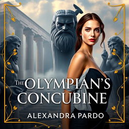 A grand view of Olympus rises majestically in the background, featuring towering marble columns that are partially shrouded in mist and bathed in soft, ethereal light