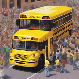 In hyper-realistic detail, a superhuman figure lifts a hefty yellow school bus single-handedly, their muscles straining against the bus's weight, surrounded by a flabbergasted crowd