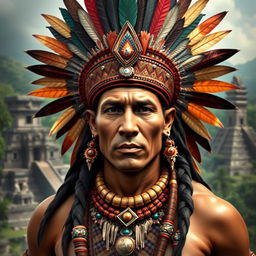 A full figure portrait of a traditional Mayan man, showcasing intricate details of his elaborate headdress, adorned with colorful feathers and jewels
