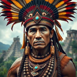 A full figure portrait of a traditional Mayan man, showcasing intricate details of his elaborate headdress, adorned with colorful feathers and jewels