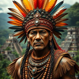 A full figure portrait of a traditional Mayan man, showcasing intricate details of his elaborate headdress, adorned with colorful feathers and jewels