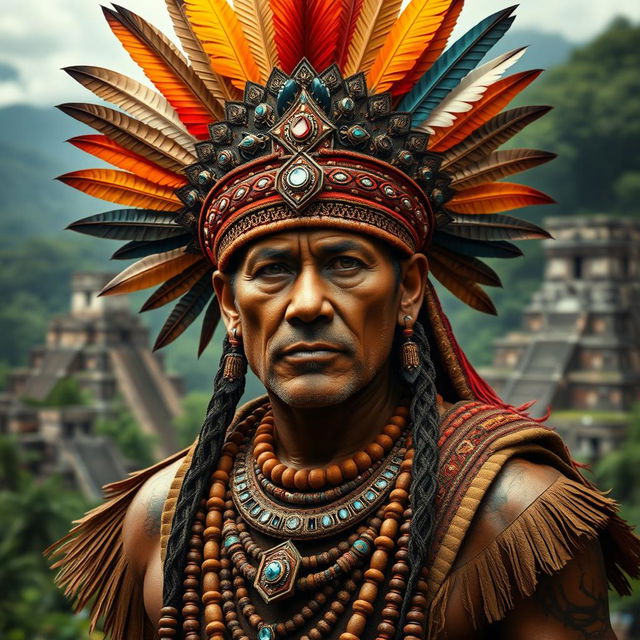 A full figure portrait of a traditional Mayan man, showcasing intricate details of his elaborate headdress, adorned with colorful feathers and jewels