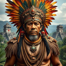 A full figure portrait of a traditional Mayan man, showcasing intricate details of his elaborate headdress, adorned with colorful feathers and jewels