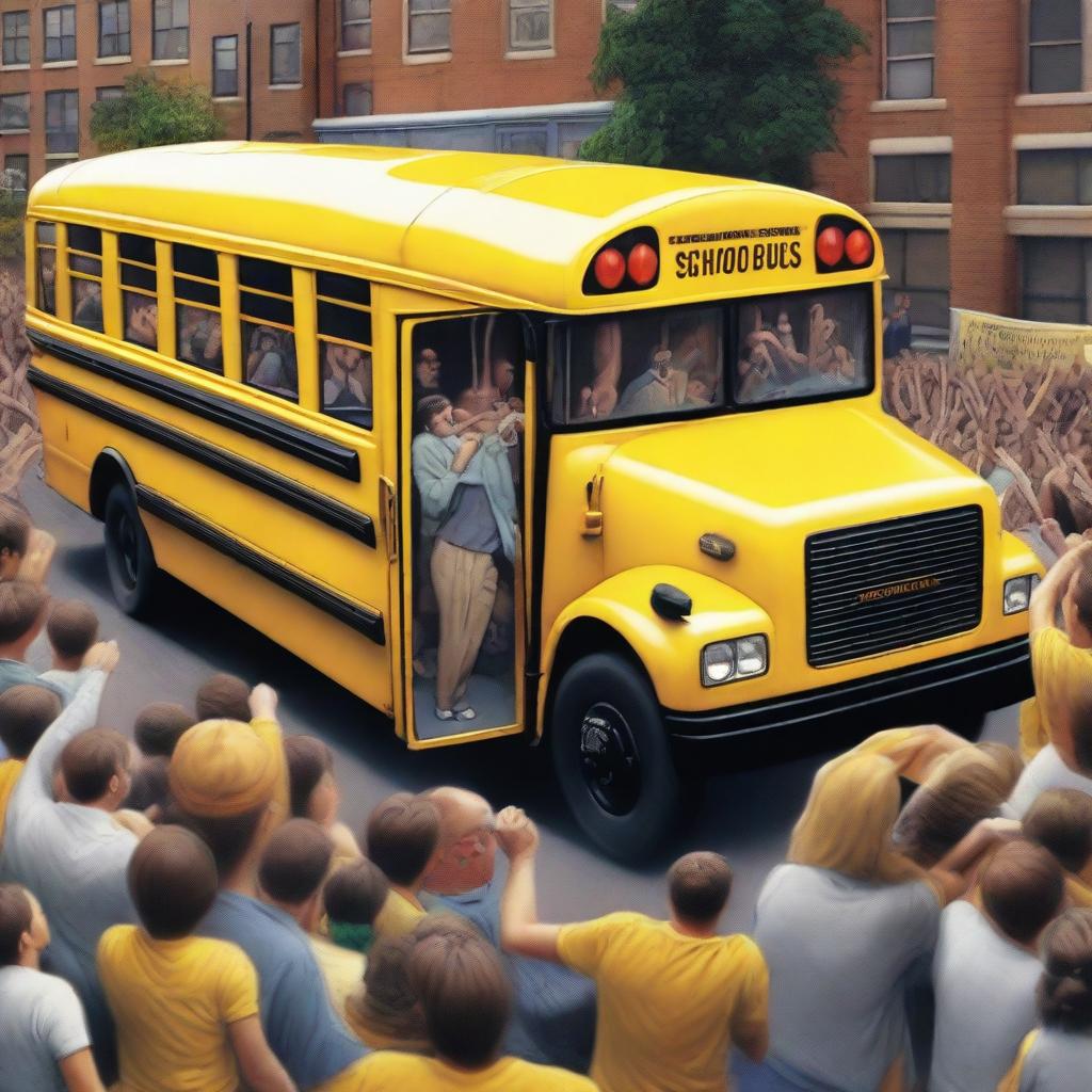 In hyper-realistic detail, a superhuman figure lifts a hefty yellow school bus single-handedly, their muscles straining against the bus's weight, surrounded by a flabbergasted crowd