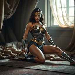 A powerful and iconic portrayal of a strong woman inspired by the character of Wonder Woman, exuding confidence and strength
