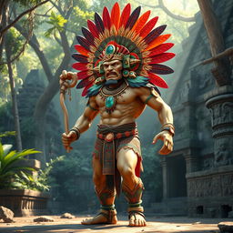 A full-body depiction of a powerful Mayan god, adorned with an intricate headdress made of colorful feathers and carved jade