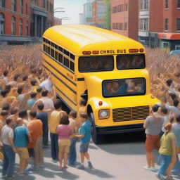 In hyper-realistic detail, a superhuman figure lifts a hefty yellow school bus single-handedly, their muscles straining against the bus's weight, surrounded by a flabbergasted crowd