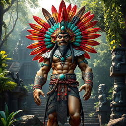 A full-body depiction of a powerful Mayan god, adorned with an intricate headdress made of colorful feathers and carved jade