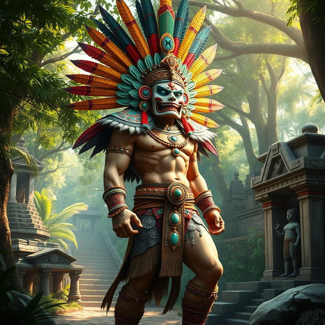 A full-body depiction of a powerful Mayan god, adorned with an intricate headdress made of colorful feathers and carved jade