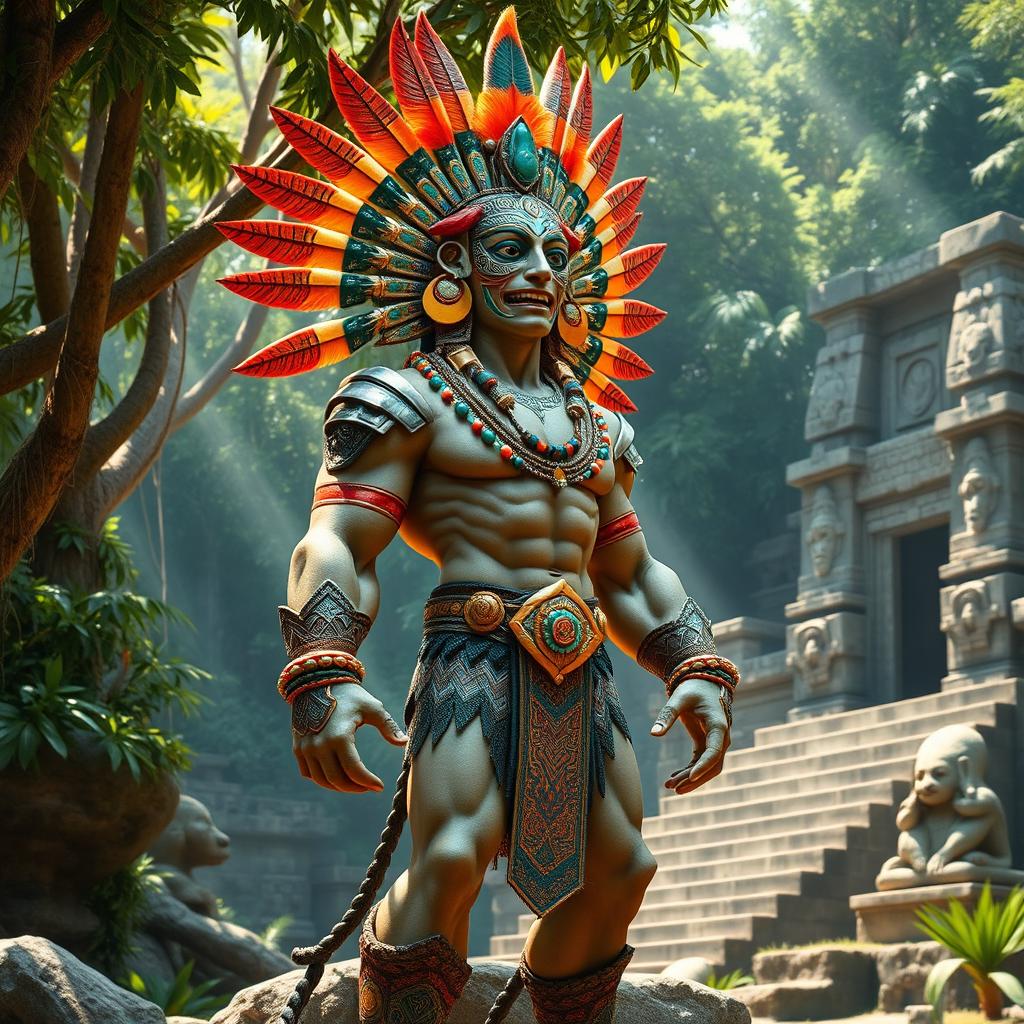 A full-body depiction of a powerful Mayan god, adorned with an intricate headdress made of colorful feathers and carved jade