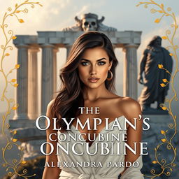 A grand view of Olympus rises majestically in the background, showcasing towering marble columns that are shrouded in mist and bathed in soft, ethereal light