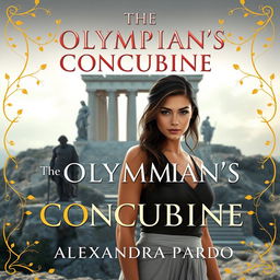 A grand view of Olympus rises majestically in the background, showcasing towering marble columns that are shrouded in mist and bathed in soft, ethereal light