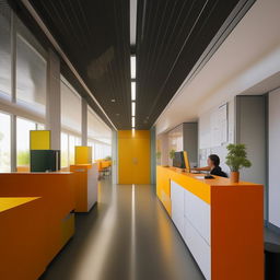 Design a receptionist building for a public service information system, linked with an open corridor leading to a classroom area