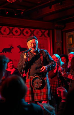 A vibrant scene depicting a musician performing a passionate cover of a Robert Burns song on stage
