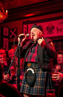 A vibrant scene depicting a musician performing a passionate cover of a Robert Burns song on stage