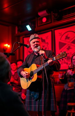 A vibrant scene depicting a musician performing a passionate cover of a Robert Burns song on stage