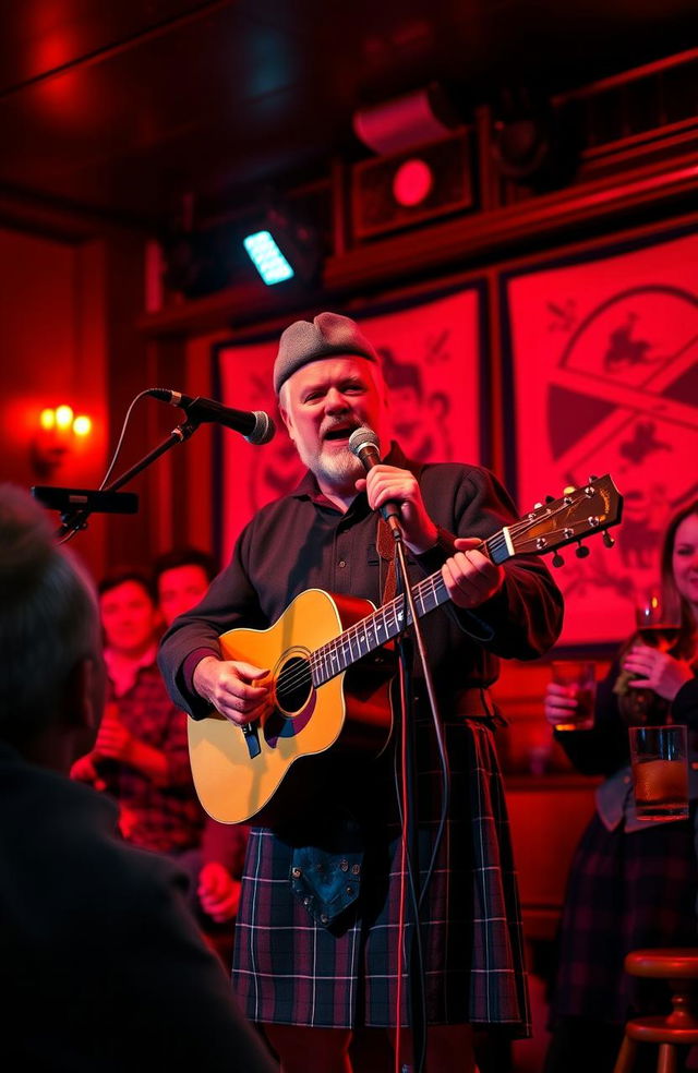 A vibrant scene depicting a musician performing a passionate cover of a Robert Burns song on stage