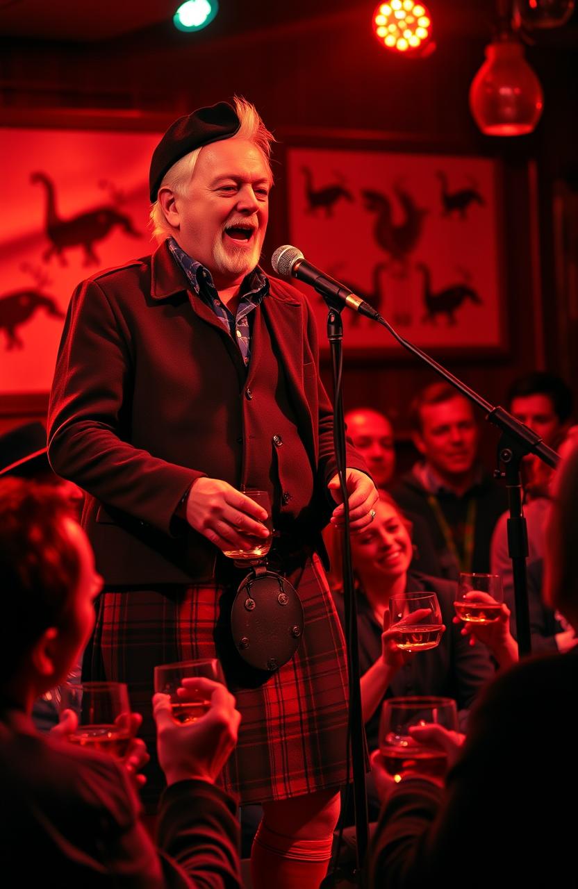 A vibrant scene depicting a musician performing a passionate cover of a Robert Burns song on stage