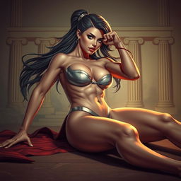 A stunning depiction of a strong and empowering female figure, reminiscent of superhero aesthetics, striking a fierce, confident pose while lying on the floor
