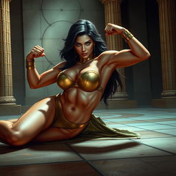 A stunning depiction of a strong and empowering female figure, reminiscent of superhero aesthetics, striking a fierce, confident pose while lying on the floor