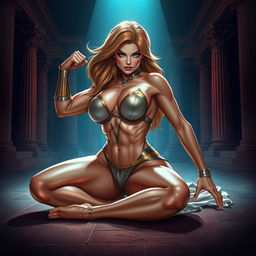 A stunning depiction of a strong and empowering female figure, reminiscent of superhero aesthetics, striking a fierce, confident pose while lying on the floor