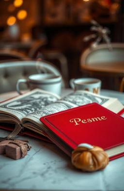 An intriguing and alluring scene of a red cover book with the title 'Pesme' embossed in gold lettering on the front