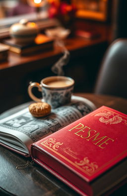 An intriguing and alluring scene of a red cover book with the title 'Pesme' embossed in gold lettering on the front