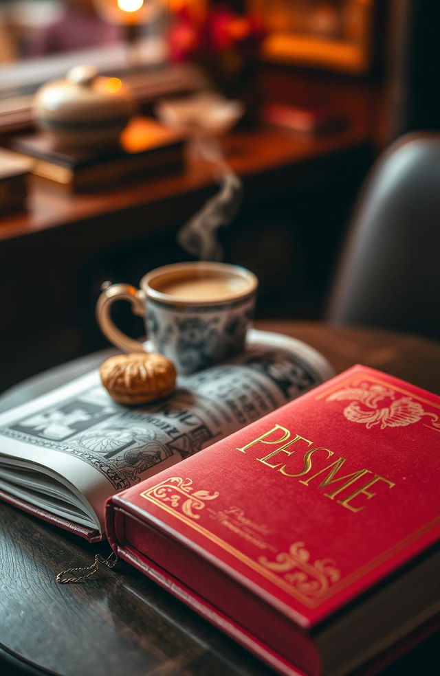 An intriguing and alluring scene of a red cover book with the title 'Pesme' embossed in gold lettering on the front