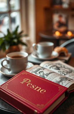 An intriguing and alluring scene of a red cover book with the title 'Pesme' embossed in gold lettering on the front