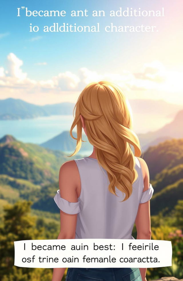 A charming scene featuring a pretty girl with gorgeous, golden blonde hair seen from the back, gazing out over breathtaking views