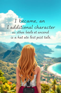 A charming scene featuring a pretty girl with gorgeous, golden blonde hair seen from the back, gazing out over breathtaking views