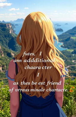 A charming scene featuring a pretty girl with gorgeous, golden blonde hair seen from the back, gazing out over breathtaking views