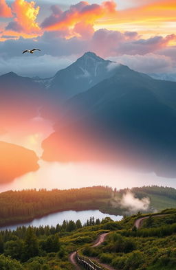 A breathtaking landscape featuring a serene mountain range at sunrise, with vibrant colors reflecting off the clouds, a tranquil lake at the forefront surrounded by lush green foliage, and a winding path leading into the distance