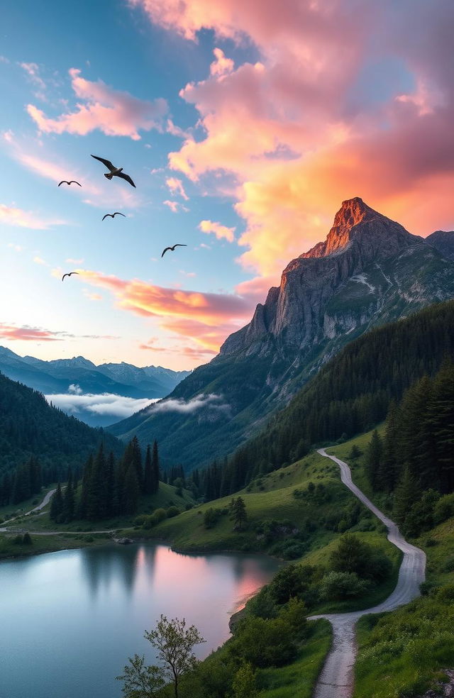 A breathtaking landscape featuring a serene mountain range at sunrise, with vibrant colors reflecting off the clouds, a tranquil lake at the forefront surrounded by lush green foliage, and a winding path leading into the distance