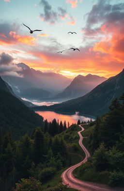 A breathtaking landscape featuring a serene mountain range at sunrise, with vibrant colors reflecting off the clouds, a tranquil lake at the forefront surrounded by lush green foliage, and a winding path leading into the distance