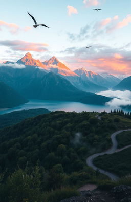A breathtaking landscape featuring a serene mountain range at sunrise, with vibrant colors reflecting off the clouds, a tranquil lake at the forefront surrounded by lush green foliage, and a winding path leading into the distance