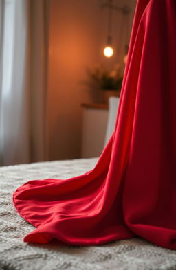 A striking image of a vibrant red cover, gracefully draped over a textured surface that resembles soft fabric, creating an inviting and warm atmosphere
