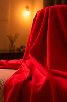 A striking image of a vibrant red cover, gracefully draped over a textured surface that resembles soft fabric, creating an inviting and warm atmosphere