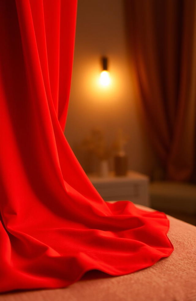 A striking image of a vibrant red cover, gracefully draped over a textured surface that resembles soft fabric, creating an inviting and warm atmosphere