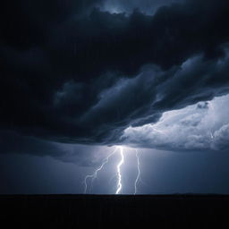 A dramatic thunderstorm scene, featuring a dark, swirling sky filled with ominous clouds illuminated by bright, crackling lightning