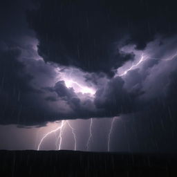 A dramatic thunderstorm scene, featuring a dark, swirling sky filled with ominous clouds illuminated by bright, crackling lightning