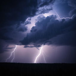 A dramatic thunderstorm scene, featuring a dark, swirling sky filled with ominous clouds illuminated by bright, crackling lightning
