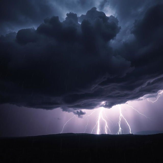 A dramatic thunderstorm scene, featuring a dark, swirling sky filled with ominous clouds illuminated by bright, crackling lightning